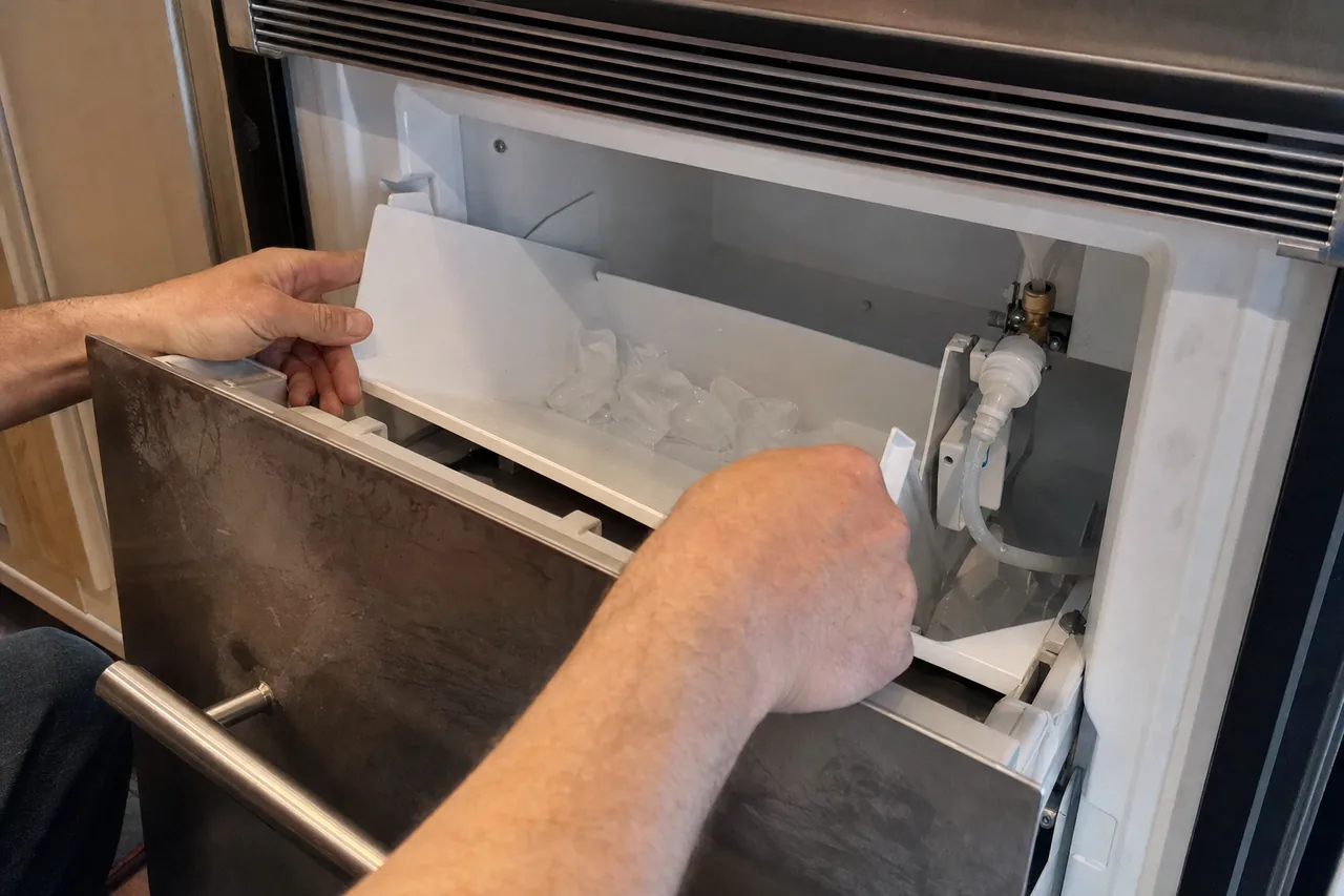 A technician’s hands lifting the ice bin out of a built-in ice maker drawer, a few clear cubes still in it.