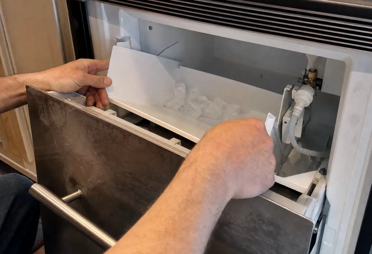 Clear ice cubes in a plastic bin held in two hands over an open appliance drawer.