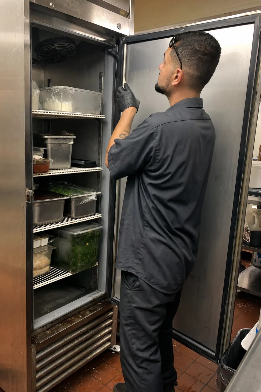 A technician in black gloves holds open the door of a stainless reach-in refrigerator and checks the top corner of the door seal beside shelves of food tubs.