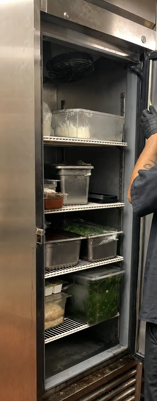 A tall stainless refrigerated cabinet standing open, wire shelves stacked with covered containers and the door gasket in shadow along the frame.