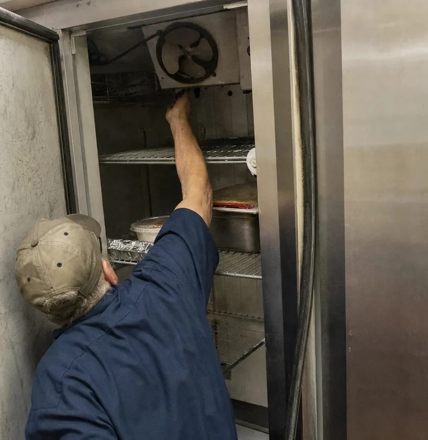 A hand at the fan housing inside an open refrigerator, the cabinet’s shelves running back into the dark.